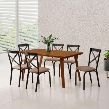 Imagem de Mesa Sala de Jantar Industrial em Madeira Maciça Millena com 6 Cadeiras Karen Preta 160x80 Castanho