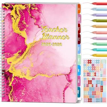 Imagem de Jul. 2025-jun. 2026 Caderno de planejamento do professor, diário, semanal, mensal, encadernado em espiral com 10 canetas e seção, adesivos de planejamento, calendário datado, pasta de bolso, aba de