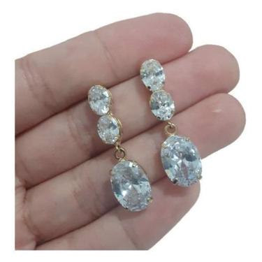 Imagem de Brinco Noiva Dourado Zirconia Pendurado Festa Debutante Luxo