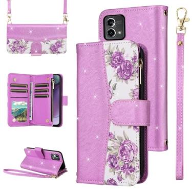 Imagem de Furiet Capa carteira floral para Motorola Moto G Stylus 5G 2023 com fecho de correr alça de ombro luxuosa com glitter couro PU suporte para cartão capa de telefone para GStylus G5 XT2317DL roxo