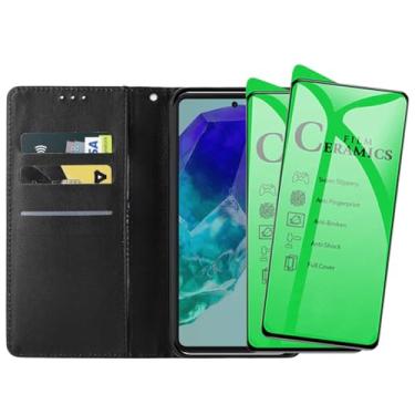 Imagem de Kit Proteção Capa Carteira Para Galaxy M55, Porta Cartões Preta + 2 Películas de Proteção em Cerâmica Nanogel
