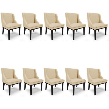 Imagem de Kit 10 Cadeiras Estofadas Para Sala De Jantar Base Fixa De Madeira Preto Lia Veludo Luxo Off White - Ibiza