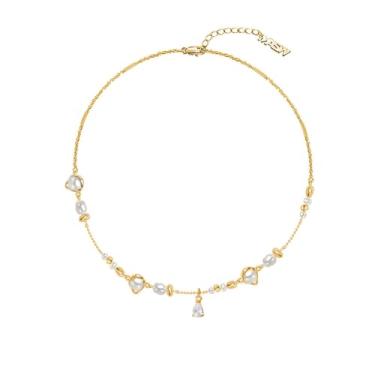 Imagem de Elegante e moderno colar de pérolas de água doce temperamento banhado a ouro 18K colar feminino requintado corrente de clavícula de pérola M3448, 14.96 inches (380mm) +2.95 inches (75mm), Latão, Sem