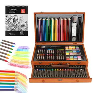 Imagem de AGPTEK Conjunto de arte, kit de artigos de arte de luxo de 141 peças com giz de cera, lápis de cor, lápis de esboço, pincéis de tinta, apontador, borracha, estojo de madeira e bloco de desenho