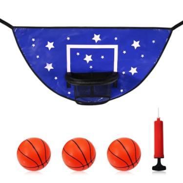 Imagem de Cesta de Basquete para Trampolim, Fixação Ajustável Cesta de Basquete Trampolim com Bolas Bomba Ar para Todas as Idades Interno Externo (Azul)