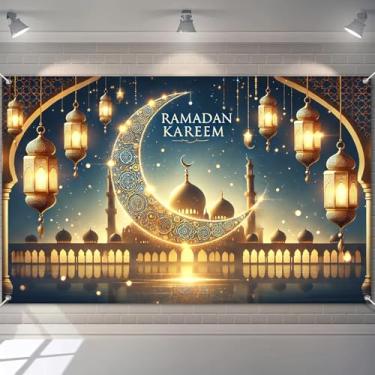 Imagem de BlissYard Ramadan Kareem Banner Lua Crescente Eid Mubarak Mesquita Lanterna Pano de Fundo Decoração de Parede Islâmica Placa de Suspensão Poliéster para Festa Muçulmana Ramadã Festival Interior Uso