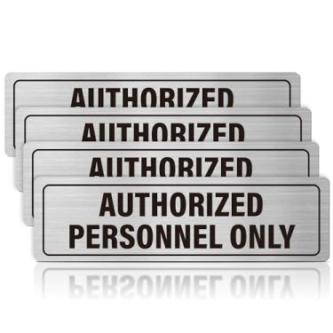 Imagem de Pacote com 4 placas de apenas pessoal autorizado – placas comerciais para segurança, placa exclusiva de pessoal autorizado de área restrita com fitas dupla-face, alumínio escovado, etiquetas de metal