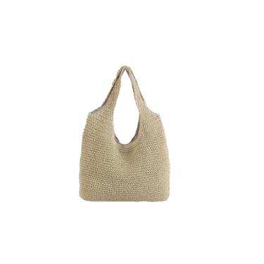 Imagem de SHAREYOIU Bolsa feminina de palha, bolsa de ombro de vime, bolsa de praia com alça superior e cor doce, Bege, Large