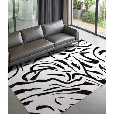 Imagem de YIHOUSE Tapetes modernos para quarto, tapete preto e branco lavável 12 x 18 cm, tapete listrado geométrico geométrico fino e minimalista, tapetes pretos para quarto, cozinha, sala de jantar e