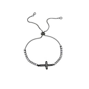 Imagem de OIDIMS Pulseira de cruz preta feminina zircônia cúbica CZ moderna gótica escura corrente de elos empilháveis moda simples Jesus cristão batismo religiosa joia de fé religiosa