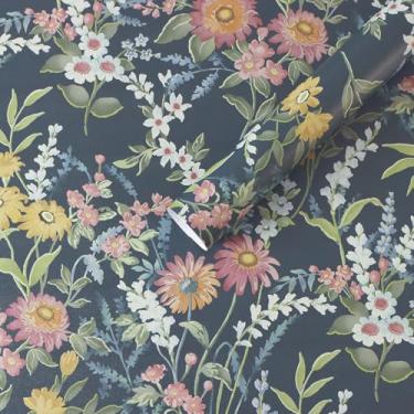 Imagem de Dimoon Papel de parede vintage 199.9 cm x 43.9 cm papel de parede floral papel de contato boho azul escuro flor fofa papel de parede removível amigável para locatário prateleira de cozinha forro de