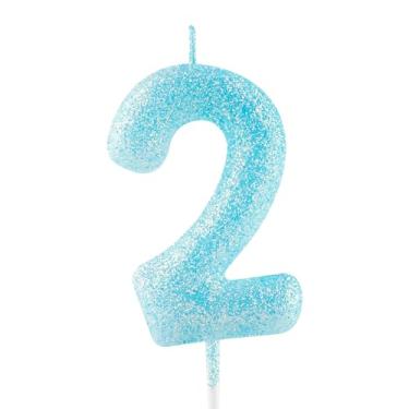Imagem de Vela de 2º aniversário azul glitter número 2 velas luminosas topo de bolo decorações de feliz aniversário para meninas, meninos, mulheres, comemorações, artigos de festa
