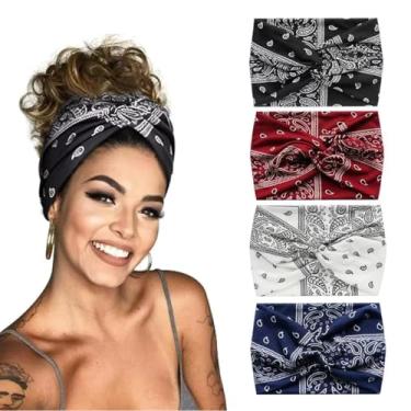 Imagem de Bandanas de cabelo Boho fashion para mulheres, faixa de cabelo larga, bandana elástica, ioga, corrida, esportes, nó antiderrapante, acessórios de cabelo para mulheres e meninas, 4 peças