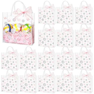 Imagem de Sweetude 24 peças de bolsa de presente de PVC transparente para festa de vôlei a granel com alças coquete laço rosa sacola sacola de 19 x 19 cm esporte vôlei sacolas de lembrancinhas suprimentos a
