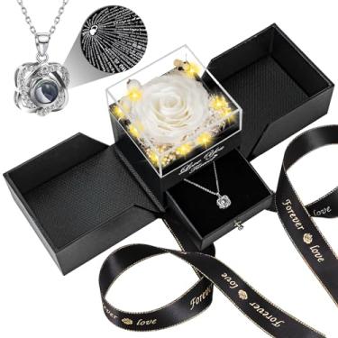 Imagem de Lebana Colar de rosa real branca preservada com coração I Love You - Flores eternas rosa presentes de aniversário para sua mãe, esposa, namorada, avó, no dia dos namorados, dia das mães, Natal, aniversário romântico - branco