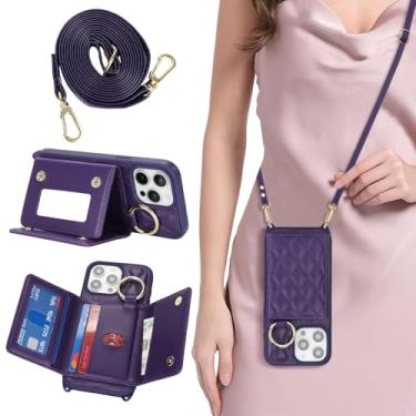 Imagem de DEYHU Capa de telefone para iPhone 13 Pro Max com suporte para cartão e alça para mulheres, bolsa transversal com suporte de anel, maquiagem espelhada, capa carteira para Apple13promax - roxo escuro