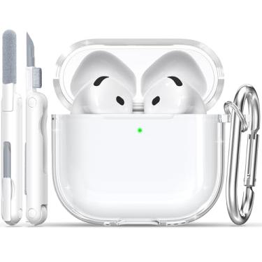 Imagem de RFUNGUANGO Capa protetora para AirPods 4, capa protetora de TPU macio para Airpods 4ª geração, transparente com kit de limpeza, com chaveiro, para Apple AirPods 4 gerações, unissex, branca
