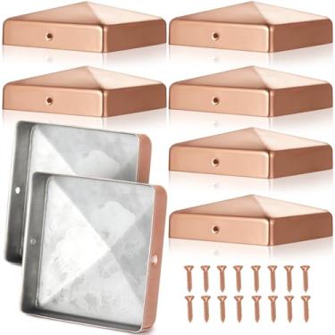 Imagem de Tandefio 8 peças 4 × 4" (real 8,9 cm x 8,9 cm) tampa de poste pirâmide revestimento de cobre tampa de poste de cerca de aço galvanizado para madeira com parafusos para capas de cerca caixa de correio