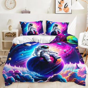Imagem de AILONEN Conjunto de capa de edredom infantil tamanho king, estampa do espaço sideral galáxia, conjunto de capa de edredom para meninos e meninas, planetas sonhadores, astronauta, capa de edredom com 2