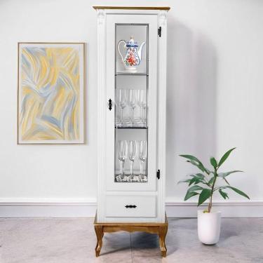 Imagem de Cristaleira De Madeira 1 Porta 1 Gaveta, Espelho E Pés Luiz Xv - Branco Laca Com Tampo E Base Imbuia