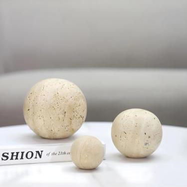 Imagem de Artisanal Abode Esfera de mármore travertino amarelo, decoração de bola de pedra natural polida à mão, destaque para sala de estar (10 cm de diâmetro)