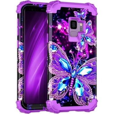 Imagem de Casetego Capa para Galaxy S9, que brilha no escuro, três camadas, resistente, à prova de choque, policarbonato rígido + capa protetora antiderrapante de silicone macio para Samsung Galaxy S9, roxo