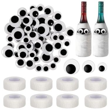 Imagem de WinnerWhy Decorações de Halloween estilo múmia 60 olhos móveis com suporte adesivo e 8 bandagens de tamanho adequado para decoração de garrafas de Halloween abajures domésticos geladeira lareira