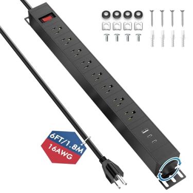 Imagem de 8 tomadas de metal para montagem na parede, montagem rotativa de 360°, carregamento rápido PD 20W USB C, protetor de sobretensão com cabos de 1,8 m, 15A 1875W, para escritório em casa, garagem