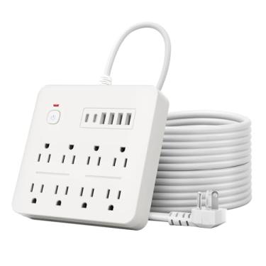 Imagem de Filtro de linha de plugue plano de 1,8 m, 8 tomadas CA múltiplas com 6 portas USB (2 USB C), cabo de extensão de 1,8 m, 1250W/10A, botão de interruptor de um toque, tira de energia compacta 17 em 1