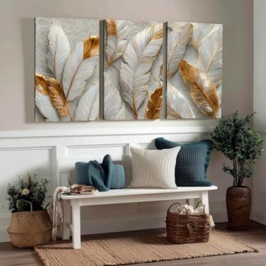 Imagem de Kit 3 Quadros Decorativos Canvas, Arte Para Quarto, Sala, Corredor, Folhas Douradas, 40x50cm