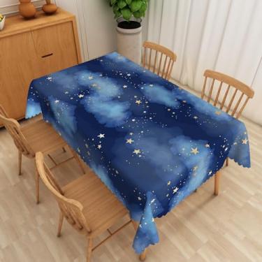 Imagem de SIEDYCV Toalha de mesa com céu azul escuro, 177 x 300 cm, dourada, estreladas, espacial, galáxia, universo, tecido, toalha de mesa à prova d'água, para cozinha, aniversário, casamento, decoração de