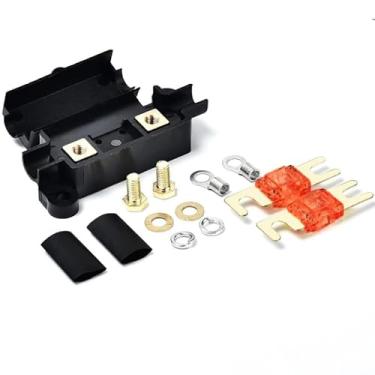 Imagem de Edinstry Kit de suporte de fusível em linha de 12 V com terminais termorretráteis, 2 peças de fusíveis de lâmina MIDI 50A, à prova d'água, estilo ANL, bloco de fusíveis de amplificador de carro