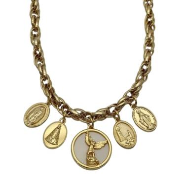 Imagem de Colar Corrente Baiana Dourada com Pingentes Religiosos de Nossa Senhora de Guadalupe, Aparecida, São Miguel Arcanjo, Fátima e Graças