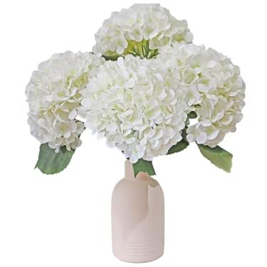 Imagem de NMAIYA Flores artificiais de hortênsia branca, 4 peças, hortênsias falsas grandes, 66 cm, ao ar livre, flores de seda realistas com haste longa, buquê de flores de casamento, centros de mesa para