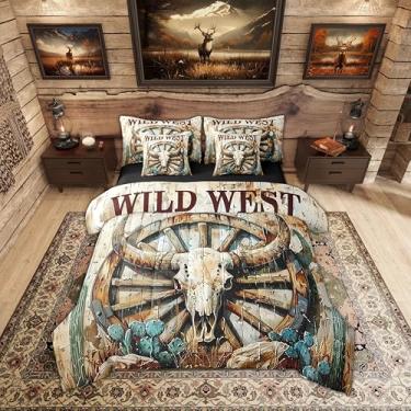 Imagem de Erosebridal Jogo de cama solteiro com caveira de touro, 7 peças, tamanho solteiro para crianças, meninos, vintage, americano, velho oeste, rústico, celeiro, deserto, cacto, campo, caubói, cabana e