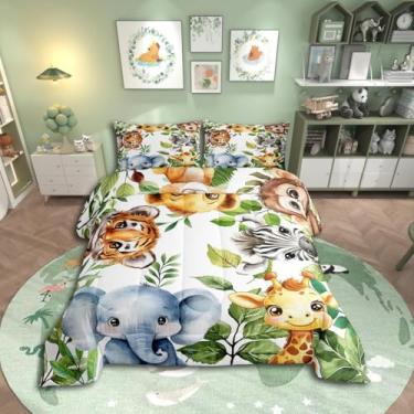 Imagem de Erosebridal Conjunto de cama casal de animais zoológicos, macaco tigre zebra, conjunto de edredom para crianças, meninos, meninas, elefante girafa, decoração de quarto, conjunto de colcha de folha