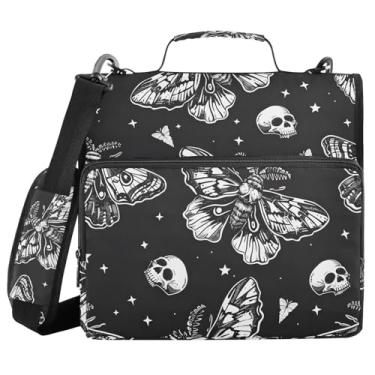 Imagem de Fichário de 3 anéis com zíper com alça de ombro, caveira, lua, traça, esqueleto preto, fichário de 3,8 cm, grande capacidade, vários bolsos para material de escritório escolar