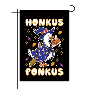 Imagem de Bandeira de Bruxa e Ganso Honkus Ponkus, 45x30 cm Bandeira Jardim Engraçada de Halloween Vertical Dupla Face Estopa Ganso Decoração Sazonal para Quintal Pátio Varanda Gramado