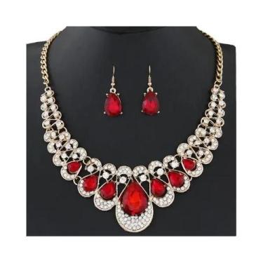 Imagem de Conjunto de Brincos e Colar de Zircônia Vermelha - Estilo Luxo, Conjun