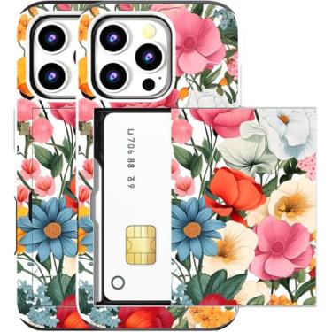 Imagem de MUQR Capa compatível com iPhone 15 Pro Max com porta-cartão fofo - Design Kawaii proteção contra quedas de grau militar capa carteira robusta para mulheres (branco, rosa, várias flores)
