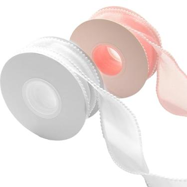 Imagem de HLTOO Fita transparente rosa e branca de 10 metros com bordas de pérola, fita com fio, para buquê de embalagem floral, árvore de Natal, grinaldas, embrulho de presente, decoração de chá de panela de