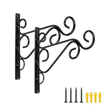 Imagem de Spotact 2 peças de ganchos para pendurar ao ar livre 30 x 19 x 2 cm fixados na parede ganchos de suporte de ferro preto resistente cerca varanda quintal decoração para flores, lanternas alimentadores