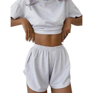 Imagem de Conjunto de pijama feminino Kistore, primavera e verão, listrado, cinz