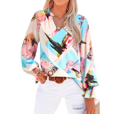 Imagem de Blusa feminina MASCOMODA com decote em V, floral, manga comprida, chif