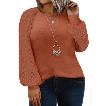 Imagem de Camisa feminina Eytino plus size de renda de manga comprida laranja 2X