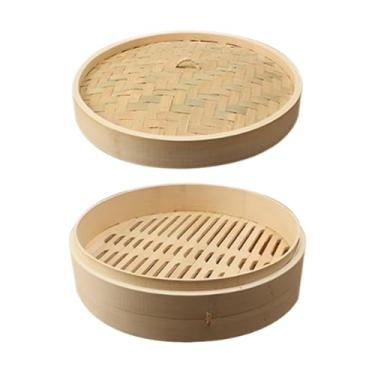 Imagem de KiBcsLic Cesta de vapor de bambu com tampa, multifuncional, para cozinhar, chinesa, asiática, bolinhos de massa, para vegetais, sobremesas, cozimento a vapor, 30cm