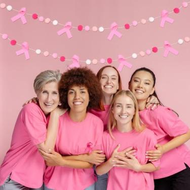 Imagem de Whaline Faixa de feltro de conscientização do câncer de mama fita rosa guirlanda de pompom branco rosa para conscientização do câncer de mama mês casa parede janela decoração suprimentos