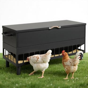 Imagem de KOL Caixa de alimentação de galinha de metal de grande capacidade de 54 kg com 38 portas de alimentação, dispensador de ração para aves ao ar livre com tampa e rodas, aço galvanizado preto