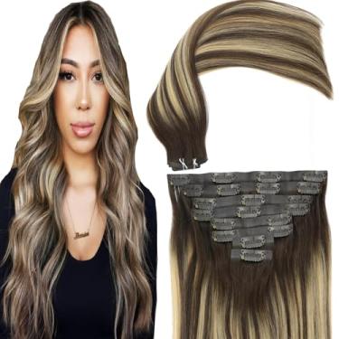 Imagem de Eufficco Extensões de cabelo humano Remy sem costura, 35,5 cm 120 g, base marrom chocolate enraizada misturada com loiro caramelo, clipe invisível de poliuretano Balayage, extensões de cabelo humano