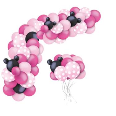 Imagem de Kit de Balões Bexigas Mesversário Mouse Rosa e Preto Decoração De Aniversário para Festa de Menina Arco de Balões Bolas Balão Bexiga Arco Orgânico - Fácil de Montar